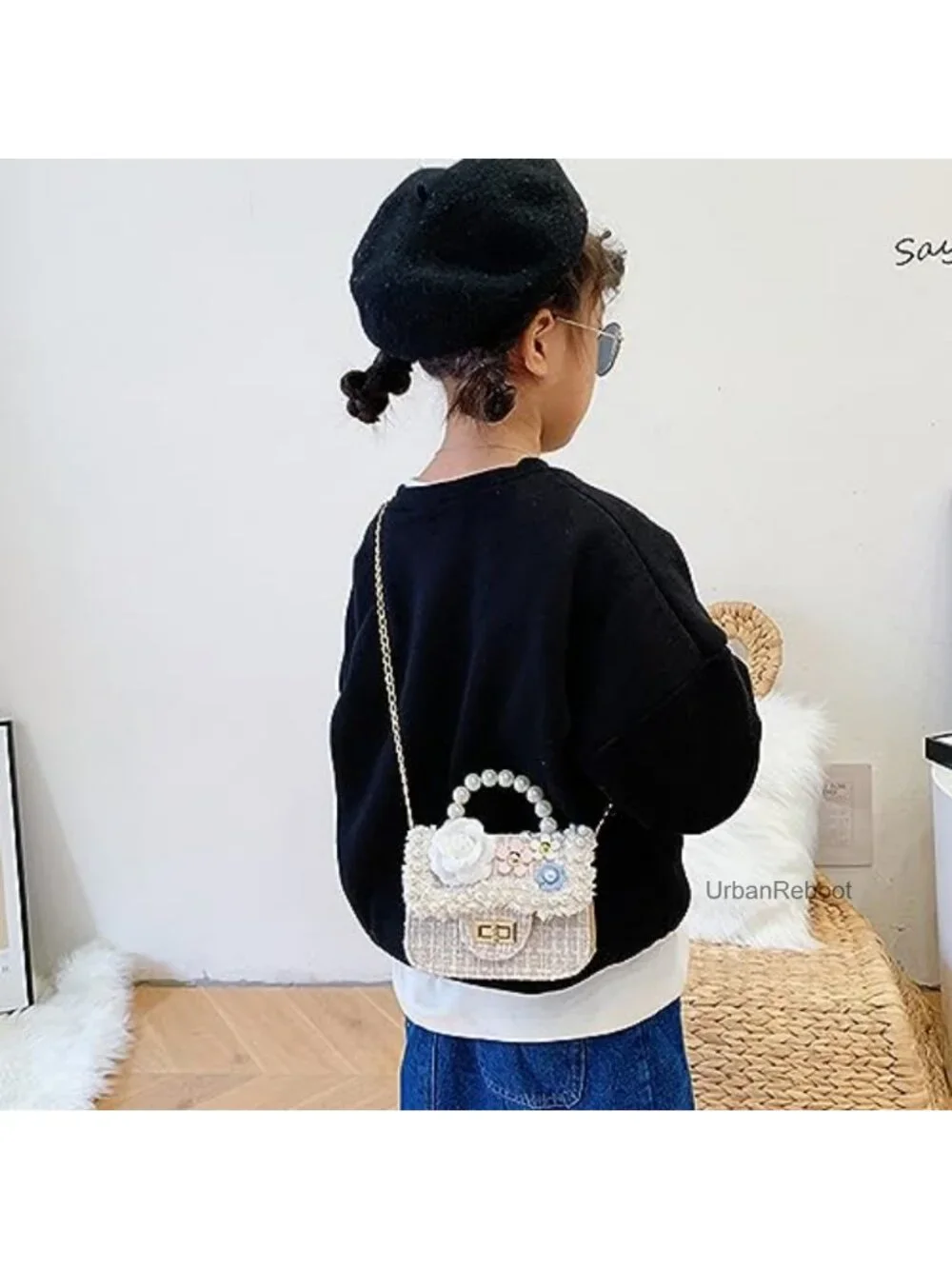 Toddler Girls Crossbody Purse PU Leather Pearl Flower Mini Handbag